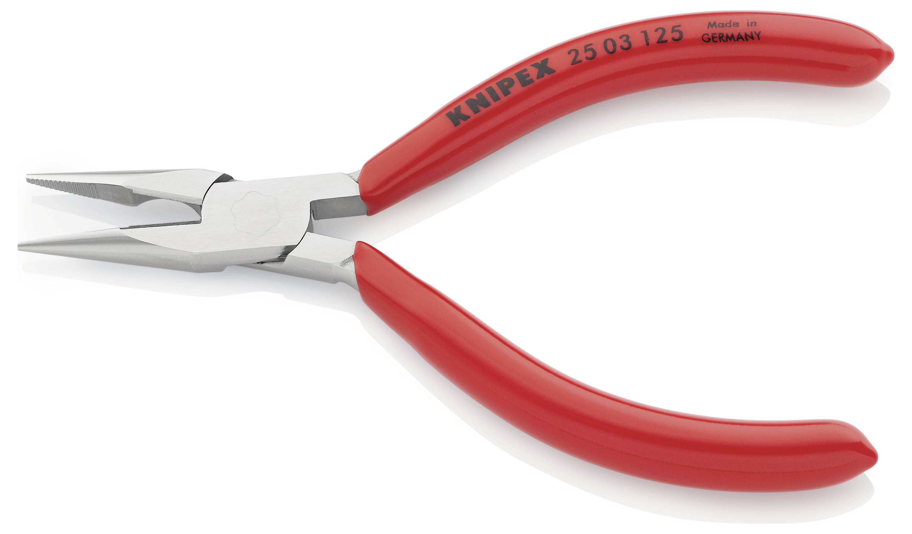 Rote Knipex Flachrundzange, Modellnummer 25 03 125, aus Edelstahl. Schneidefläche und spitz zulaufende Backen, Griff mit „Made in Germany“.