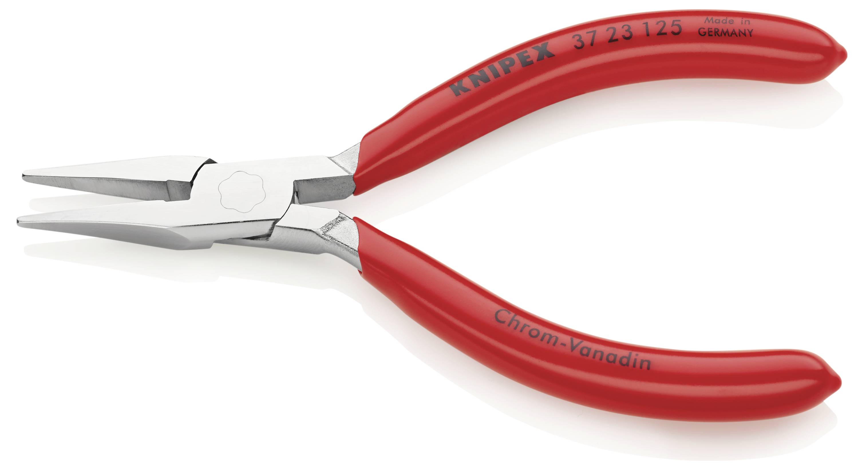 Eine rote Flachzange mit der Aufschrift 'KNIPEX', 'Chrom-Vanadin'. Werkzeug für präzise Greif- und Schneidarbeiten, in Deutschland hergestellt.