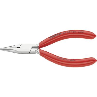 Rote Spitzzange mit der Aufschrift 'Knipex' auf dem Griff. Geeignet für präzise Arbeiten in Elektrik und Feinmechanik.