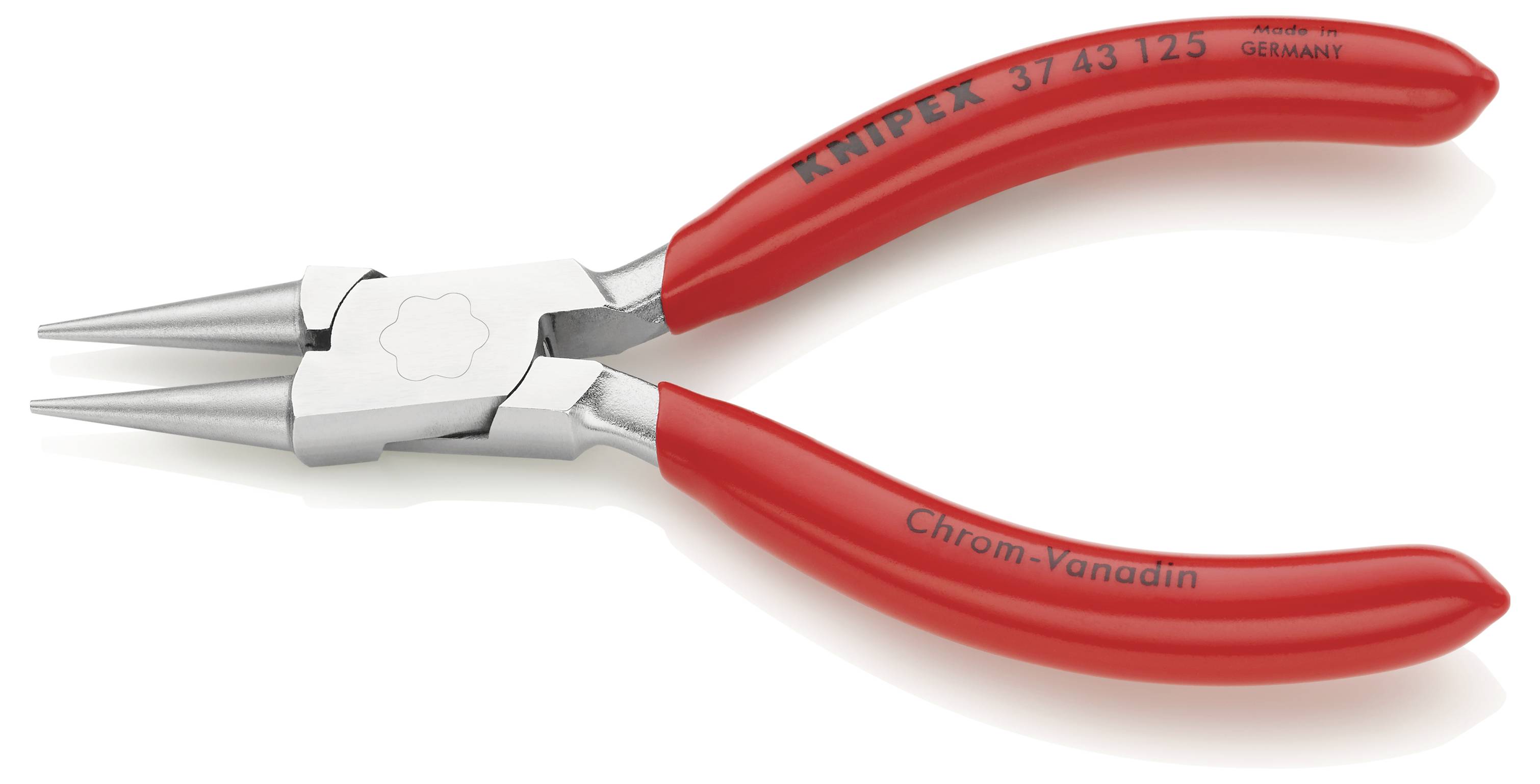 Eine rote Zange mit der Aufschrift 'KNIPEX 37 43 125' und 'Chrom-Vanadin', geeignet für präzises Greifen und Bearbeiten von Draht.