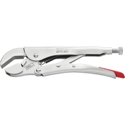 Eine Knipex Grippzange aus Stahl, silberfarben, mit verstellbaren Backen und Feststellmechanismus, seitlich dargestellt.