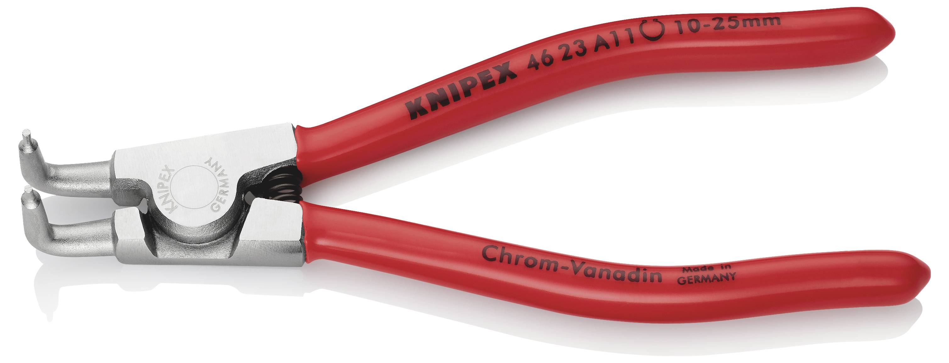 Rote Sicherungsringzange von Knipex, Modell 46 23 A11, geeignet für äußere Sicherungsringe mit einem Durchmesser von 10-25 mm.