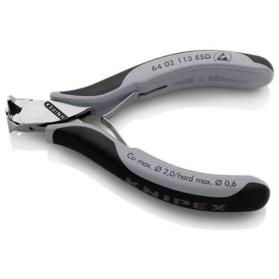 Schwarzer Seitenschneider von Knipex mit grauen Griffen und Aufschrift 'Cu max: Ø 2,0/hard max: Ø 0,6', geeignet für präzises Schneiden.