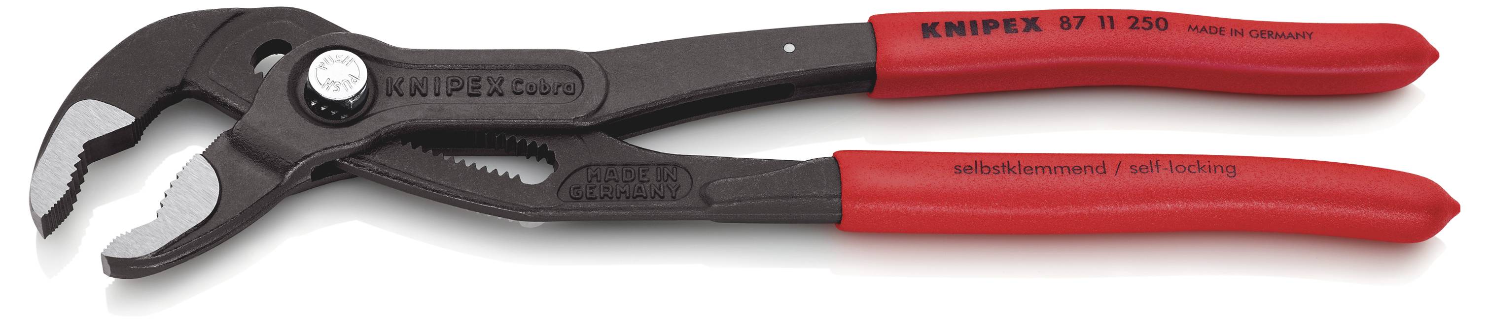 Rote Wasserpumpenzange der Marke Knipex mit verstellbaren Greifbacken, geeignet zum Halten und Drehen von Objekten verschiedener Größen.