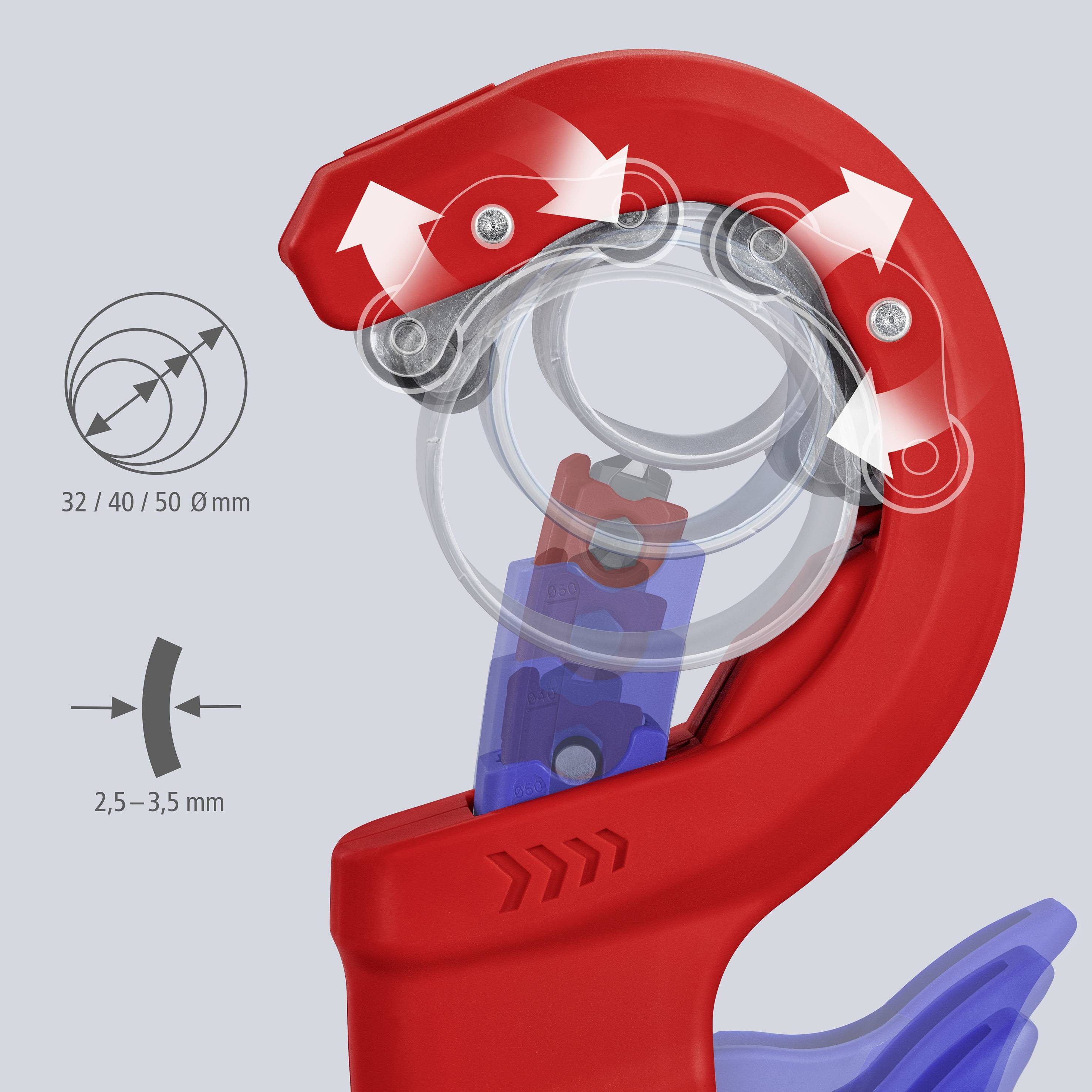 Rotes Klebeband-Abrollergerät mit sichtbarem Schneide- und Rollenmechanismus. Pfeile zeigen die Bewegungsrichtung an.