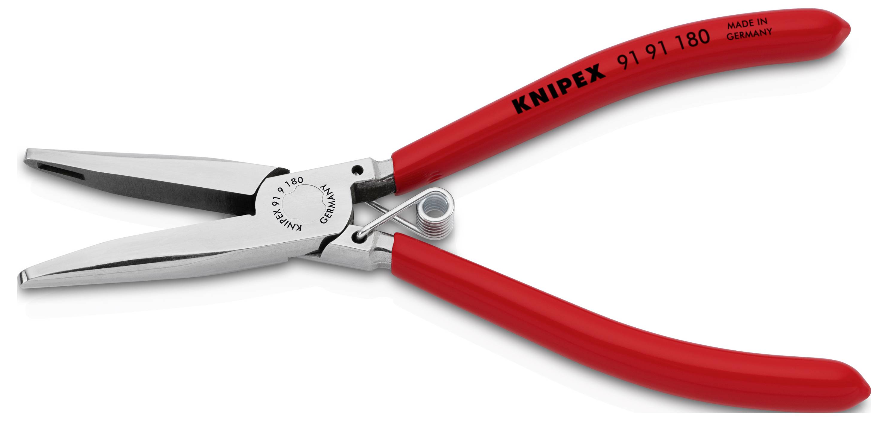Rote Knipex-Zange mit spitzen Backen. Die Aufschrift auf dem Griff lautet 'Knipex 91 91 180', 'Made in Germany'.