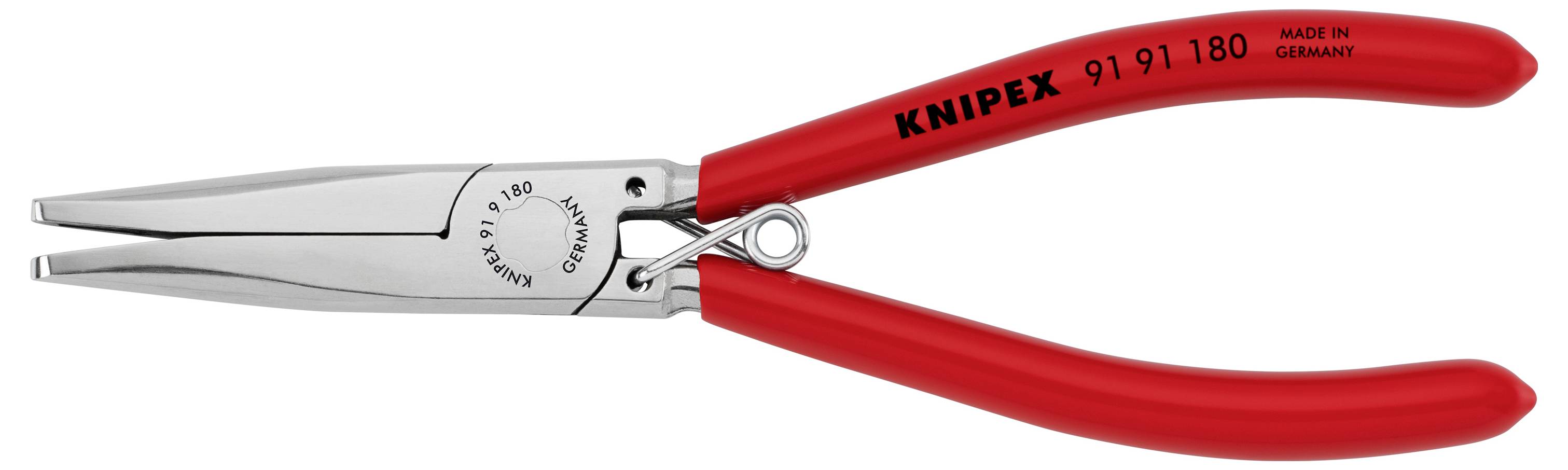 Rote KNIPEX-Spitzzange, hergestellt in Deutschland, mit gebogener, schlanker Form und silbernen Greifbacken, geeignet für feine Arbeiten.