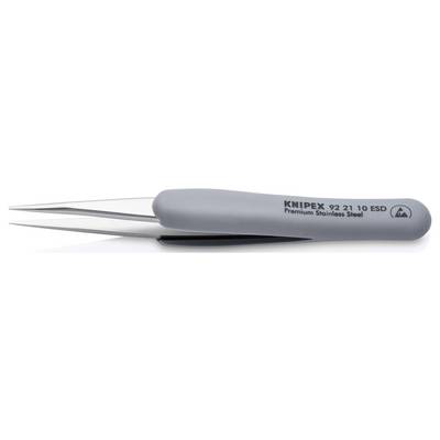 Graue Präzisionspinzette mit gebogenen Spitzen, Aufschrift 'KNIPEX 92 21 10 ESD Premium Stainless Steel'.