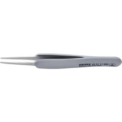 Graue Präzisionszange mit spitzen Enden, beschriftet mit 'KNIPEX 92 21 11 ESD', aus Edelstahl, geeignet für empfindliche Arbeiten.