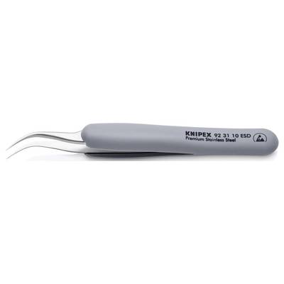 Pinzette mit gebogener Spitze und grauem Griff, auf dem 'KNIPEX Premium Stainless Steel' steht. Geeignet für präzise Arbeiten.