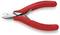 Eine rote Drahtschere mit scharfen Metallklingen und ergonomischen Griffen, beschriftet mit technischem Text.