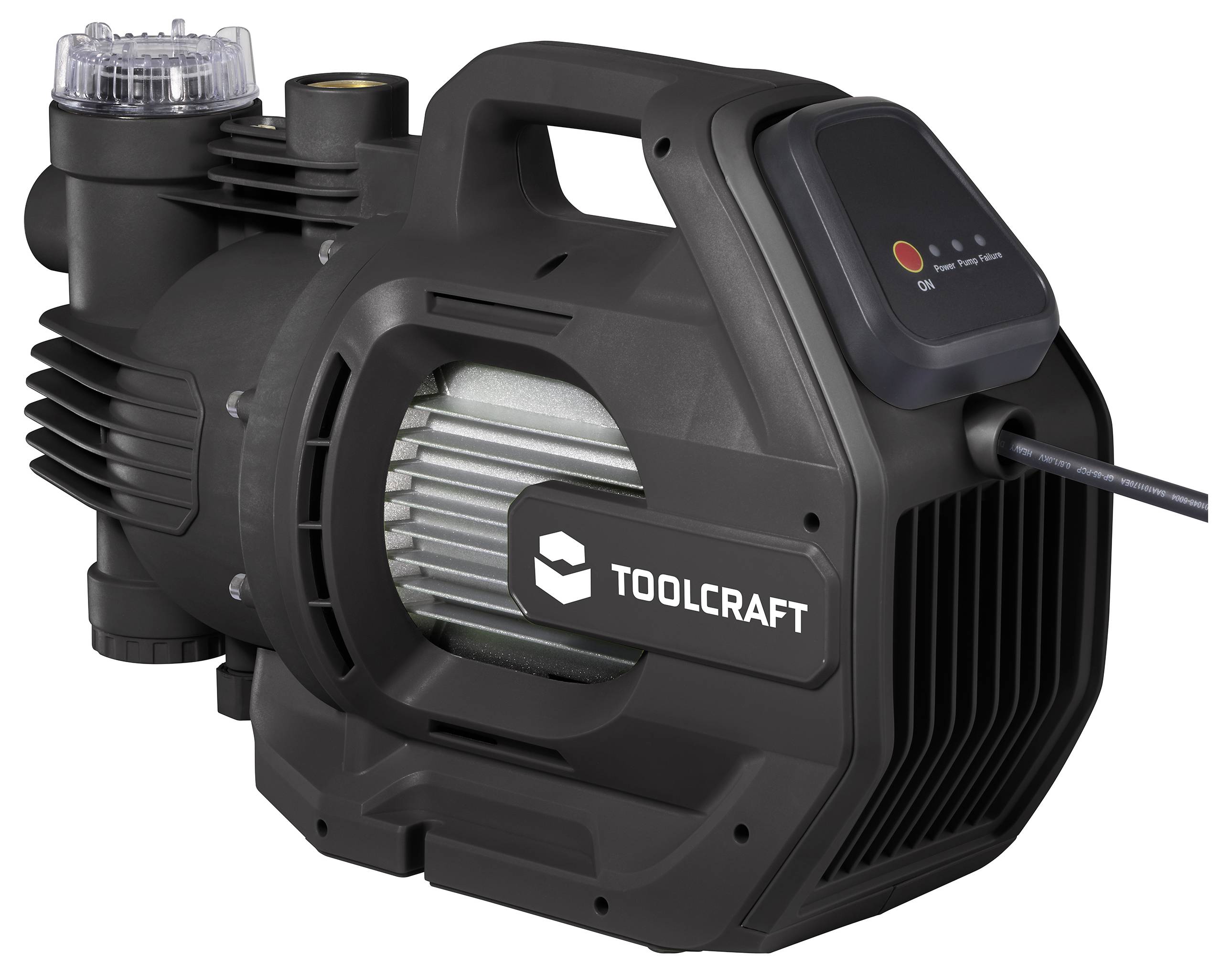 Eine schwarze TOOLCRAFT Wasserpumpe mit Griff, Netzkabel und sichtbarem Motor, die zum Wassertransfer verwendet wird, auf weißem Hintergrund dargestellt.