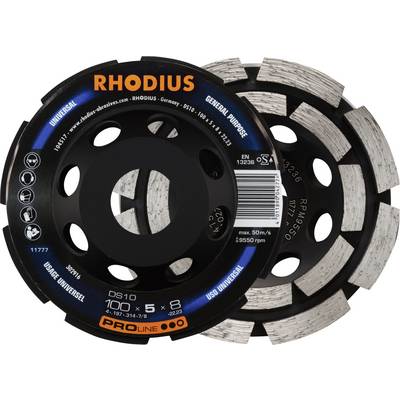 'Rhodius DS10' Diamanttrennscheibe, schwarz mit silbernen Segmenten, Durchmesser 100 mm, für universelle Anwendungen.