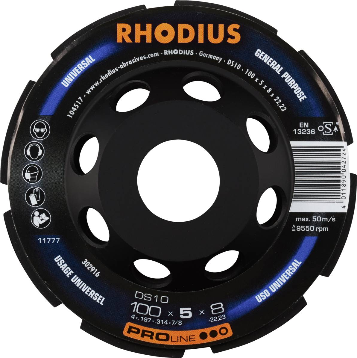 Schleifscheibe 'RHODIUS' für universellen Einsatz, Durchmesser 100 mm, max. 50 m/s. Schwarze Scheibe mit orangem und blauem Text.