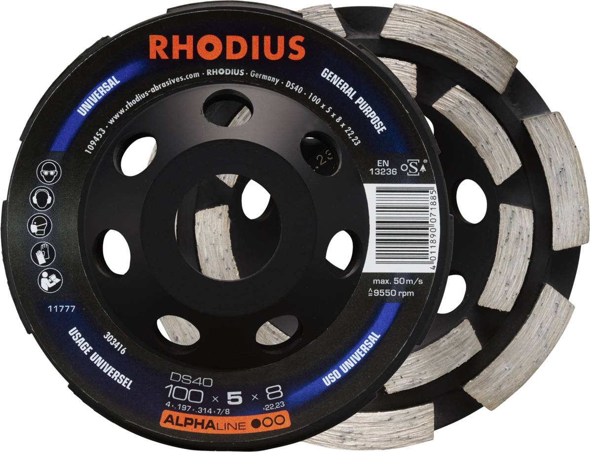 Thumbnail - Rhodius 303416 RHODIUS DS40, Diamantschleiftopf 100 x 5,0 x 8,0 x 22,23 mm, Diamantschleiftopf, ALPHAline, für Beton DS4...