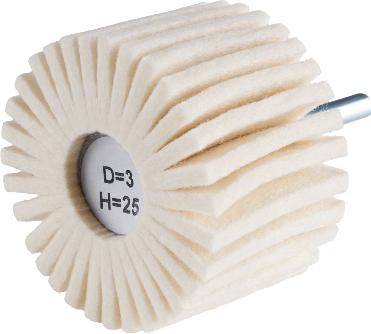 Flanellaufsatz für Bohrmaschine, beige Falten, Aufdruck 'D=3 H=25'.