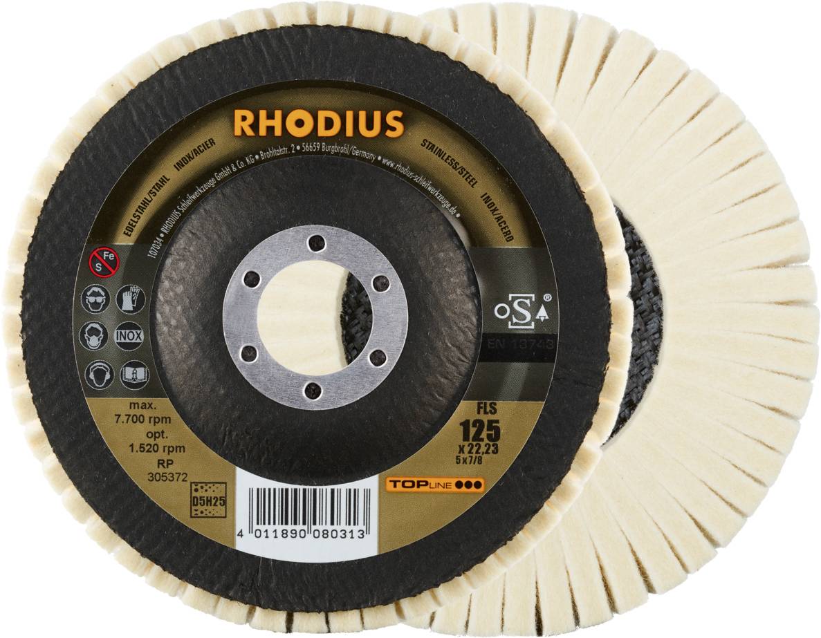 RHODIUS FLS, 2 Stück Filzlamellenpolierer 125 x 22,23 mm, TOPline, Made in Germany, für Edelstahl, Stahl, NE-Metalle Rho...