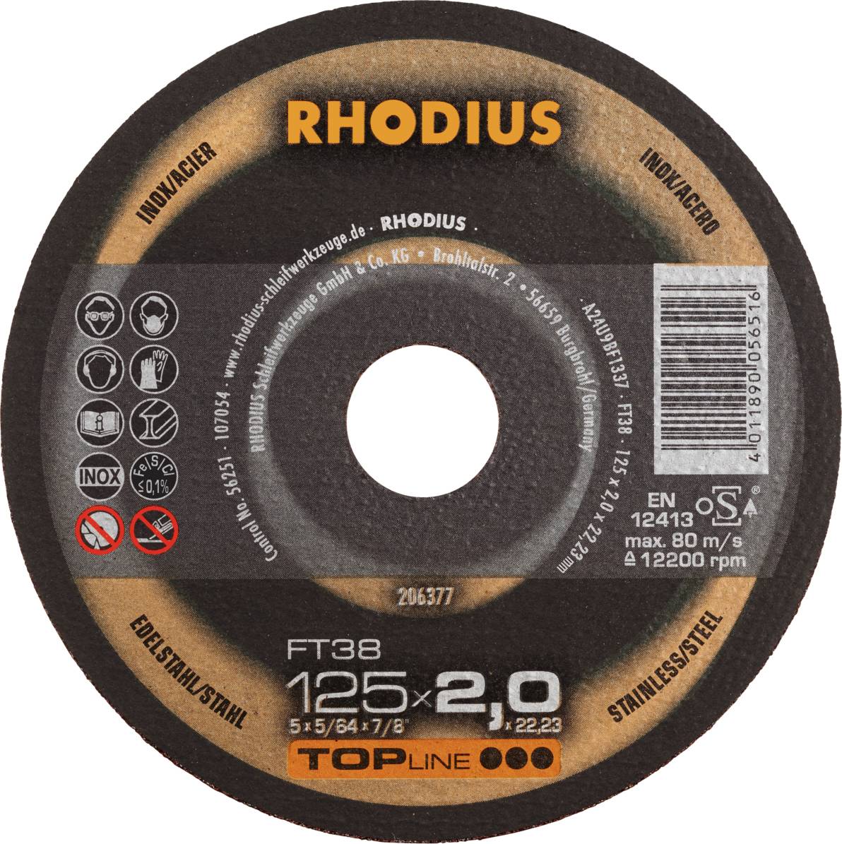 'RHODIUS Trennscheibe für Edelstahl, 125 mm Durchmesser, 2 mm Dicke, max. 12200 U/min. EN 12413 Norm. Für Trennarbeiten geeignet.'