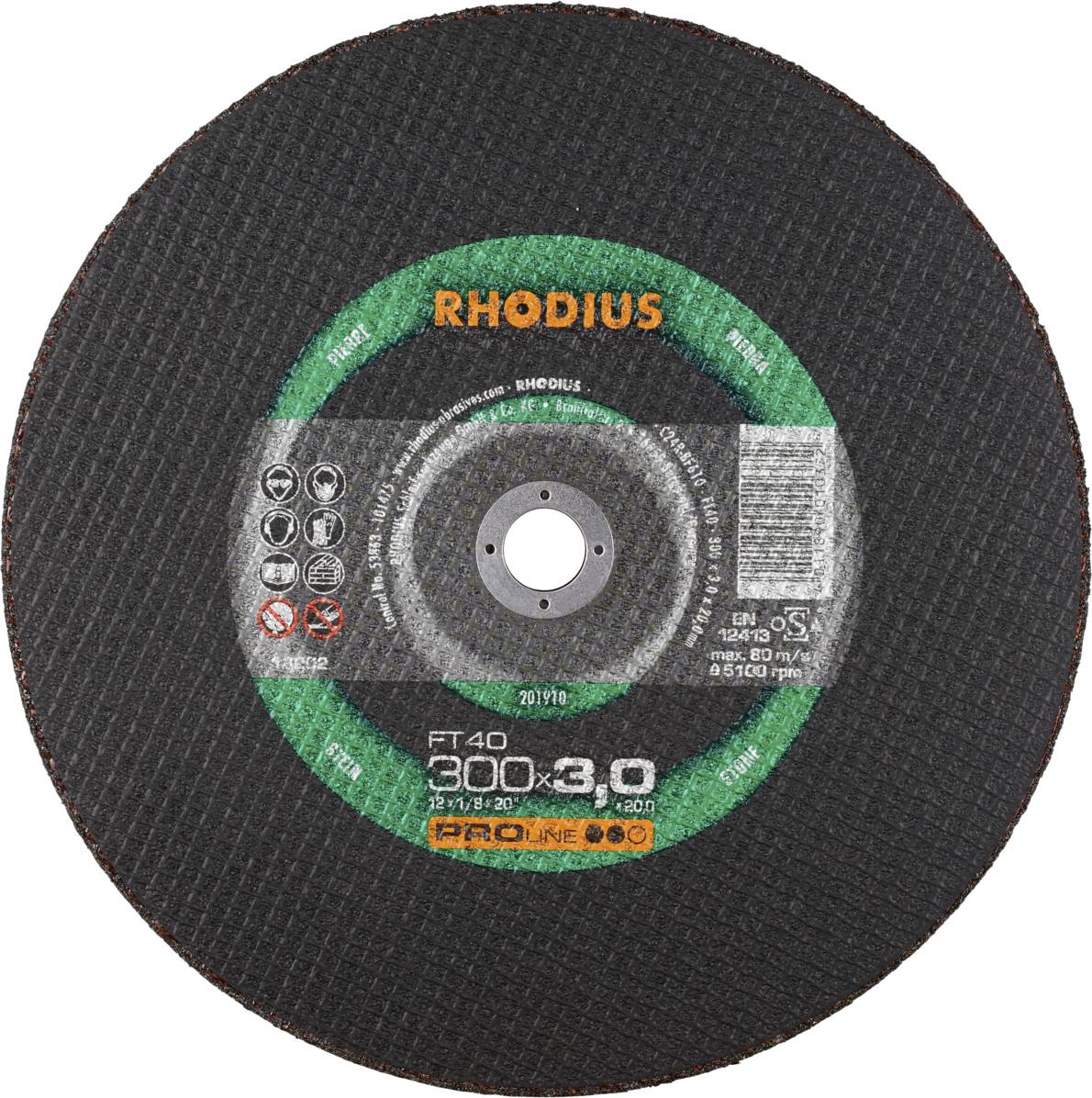 'RHODIUS' Trennscheibe, dunkel mit grünen Akzenten. Text beschreibt Spezifikationen: '30 x 3,0 mm', 'PRO LINE', Symbole für Anwendungen.