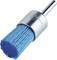 Eine blaue Schleifbürste mit Metallhalterung und Befestigungsstift. Ideal zum Polieren und Entrosten in handwerklichen Anwendungen.