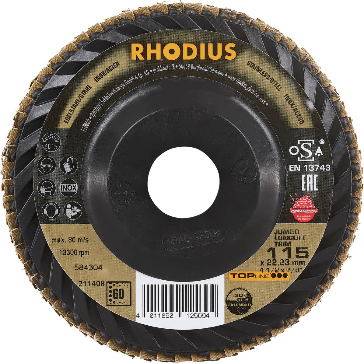 Schleifscheibe mit der Aufschrift 'RHODIUS', geeignet für Edelstahl, max. 80 m/s, 13300 U/min, Durchmesser 125 mm, Loch 22,23 mm.