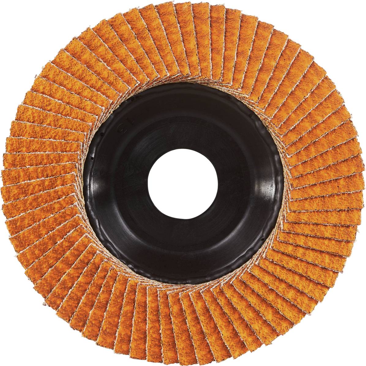 Eine orange Schleifscheibe mit radialen Lamellen aus Schleifpapier, geeignet zum Polieren und Schleifen von Metalloberflächen.