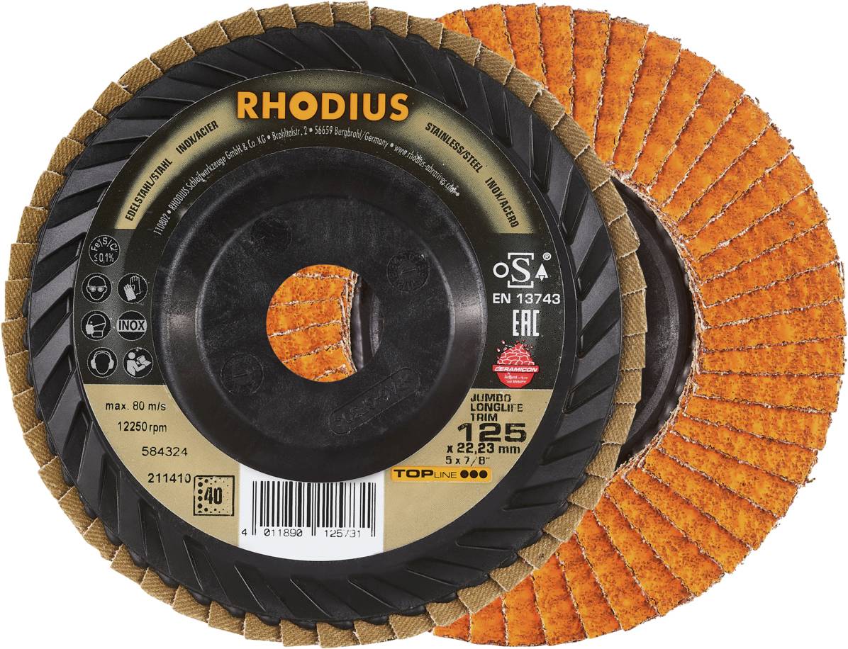 'RHODIUS' Schleifscheiben, zwei orange-farbene Scheiben mit Etikett, für Schleifarbeiten, max. 80 m/s, Ø 125 mm, symbolische Hinweise sichtbar.