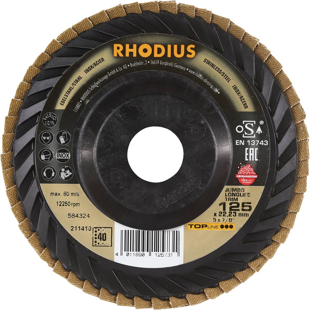 Schleifscheibe der Marke 'RHODIUS' für Edelstahl und Stahl, 125 mm Durchmesser, max. Geschwindigkeit 80 m/s, 40er Körnung.