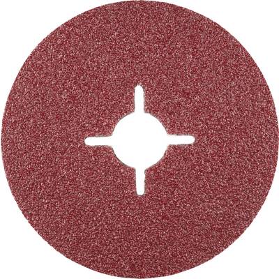 Ein rotes Schleifpapierblatt in ovaler Form mit einem kreuzförmigen Ausschnitt in der Mitte, auf weißem Hintergrund.