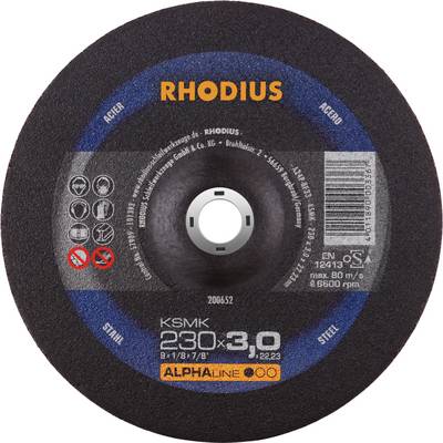 Schleifscheibe der Marke Rhodius; Durchmesser 230 mm, Dicke 3 mm. Für Stahl und Edelstahl geeignet, max. Drehzahl 80 m/s.