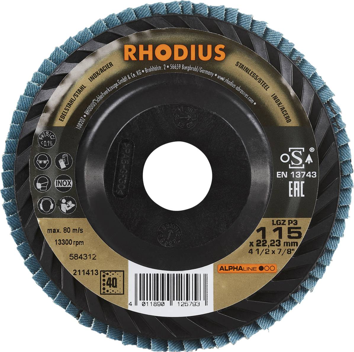 Rhodius 211413 LGZ P3 Fächerschleifscheibe Edelstahl, Stahl 10 St.