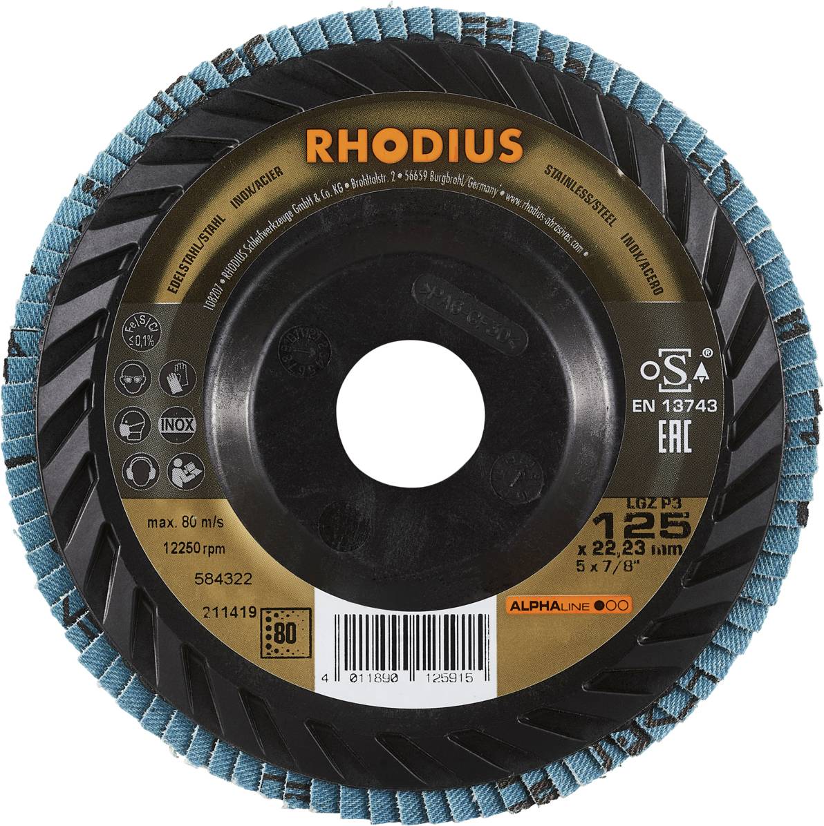 Runde Schleifscheibe mit blauer Kante und Aufdruck 'RHODIUS'. Geeignet für Edelstahlbearbeitung, technische Spezifikationen sichtbar.