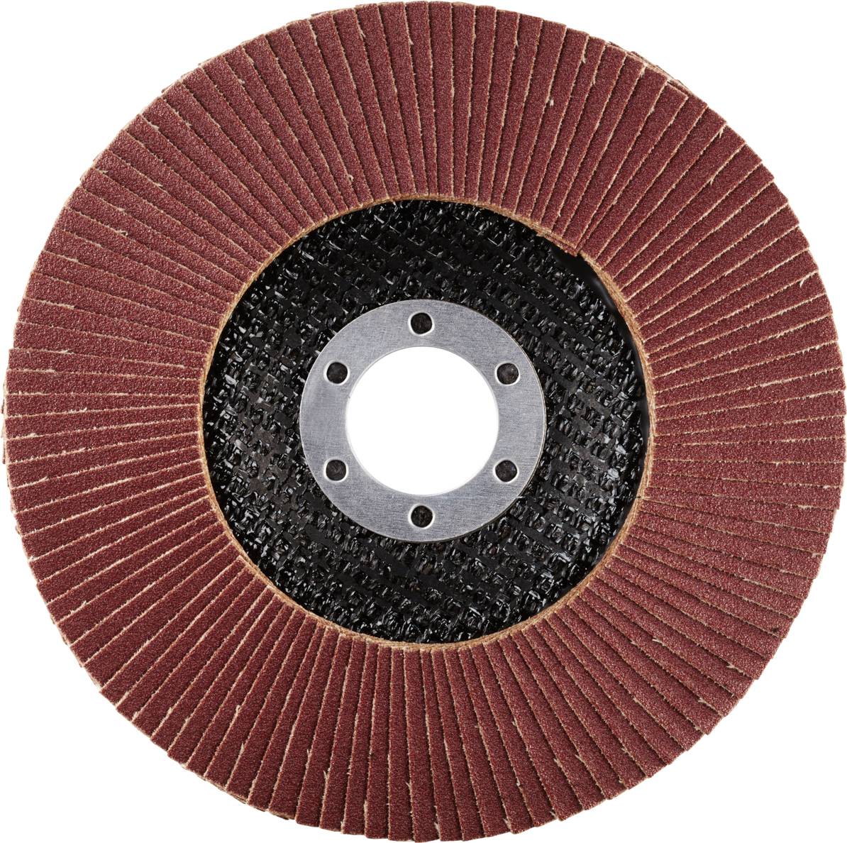 Eine runde Schleifscheibe mit roten Lamellen und einer schwarzen Mitte, die für Schleifarbeiten auf Metall oder Holz verwendet wird.