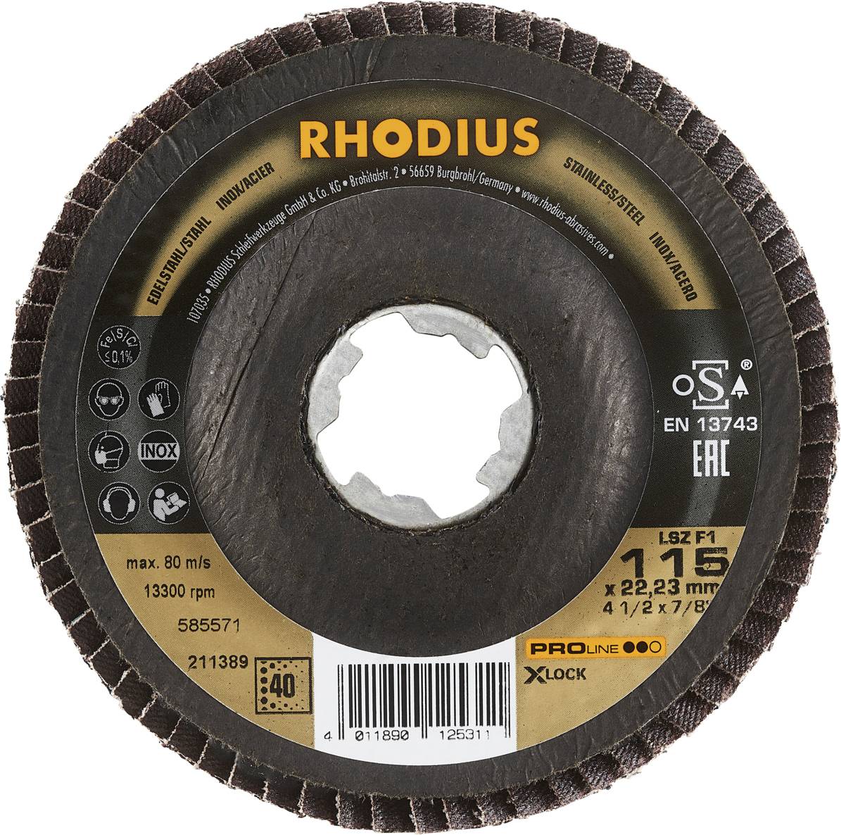 Schleifscheibe mit Markennamen 'RHODIUS', Angaben zu Zulassungen, Größe 115mm, max. Geschwindigkeit 80 m/s, Typ- und Seriennummer.
