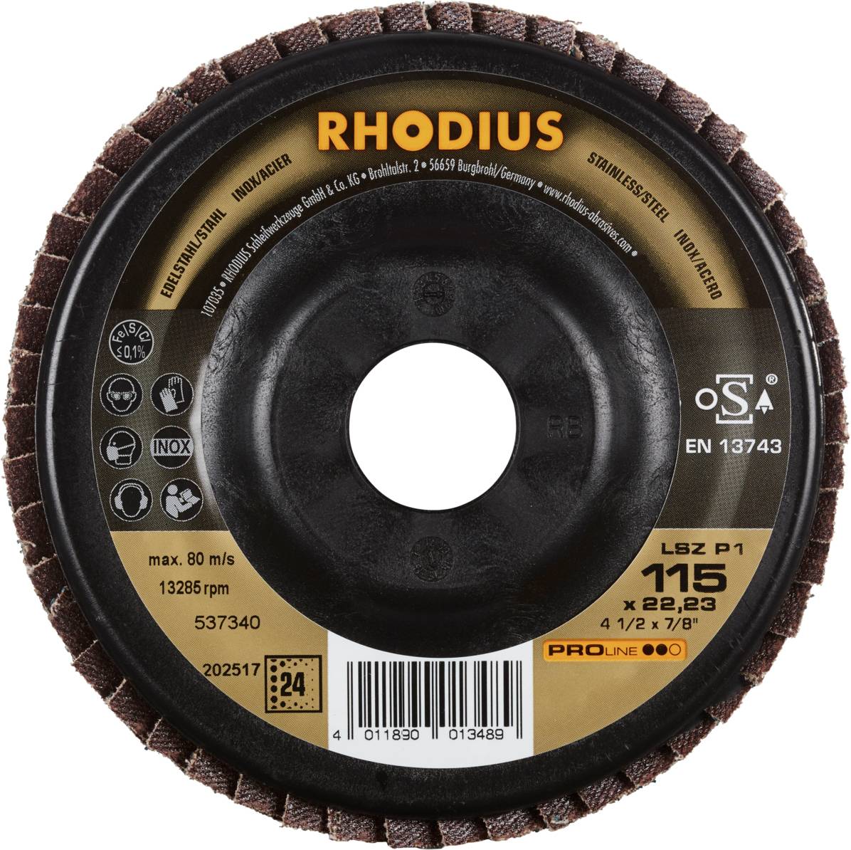 'RHODIUS'-Schleifscheibe, max. 80 m/s, Durchmesser 115 mm, für Edelstahl, mit EN 13743, braune Scheibenstruktur, Artikelnummer 537340.