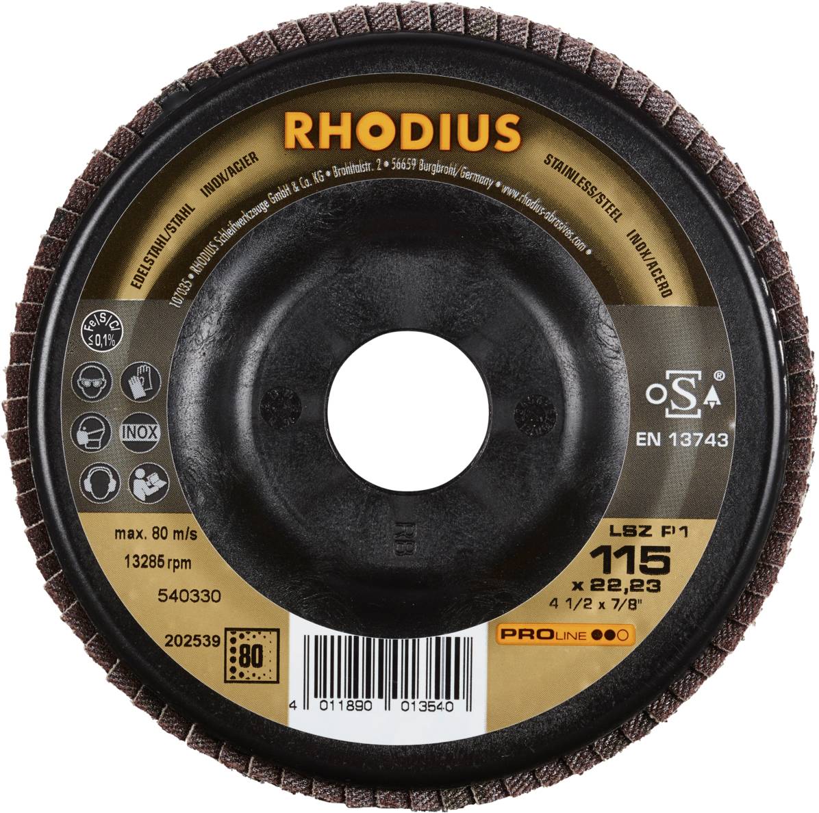 'RHODIUS' Schleifscheibe mit Angaben zu Durchmesser, Maximalgeschwindigkeit, RPM und Sicherheitszertifizierungen. Geeignet für Edelstahl.