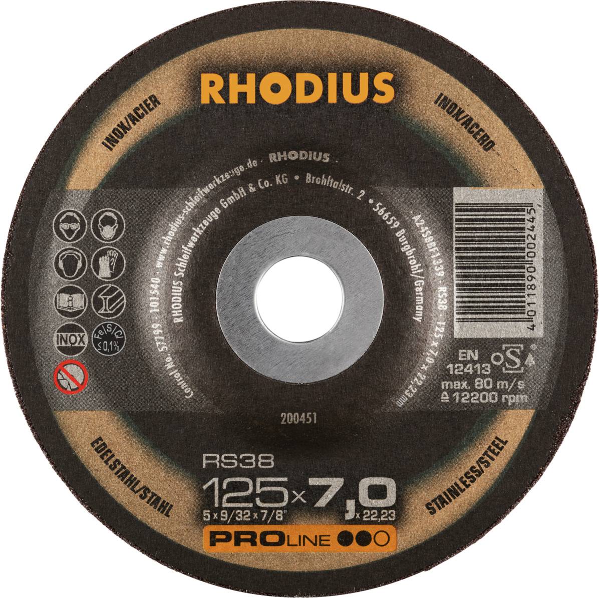 'Schruppscheibe von Rhodius für Edelstahl, Durchmesser 125 mm, Dicke 7 mm, maximale Geschwindigkeit 80 m/s, Proline-Serie.'