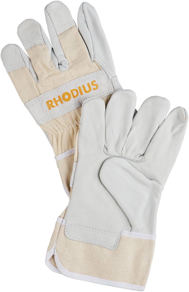 Arbeitshandschuhe aus Leder und Stoff mit dem Aufdruck 'RHODIUS' auf einem Handschuh, beige und grau in der Farbgebung.