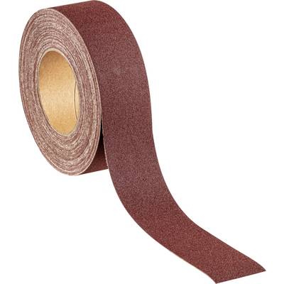 Ein braunes Schleifpapierband, teilweise abgerollt, zeigt die raue, körnige Oberfläche zur Holz- oder Metallbearbeitung.