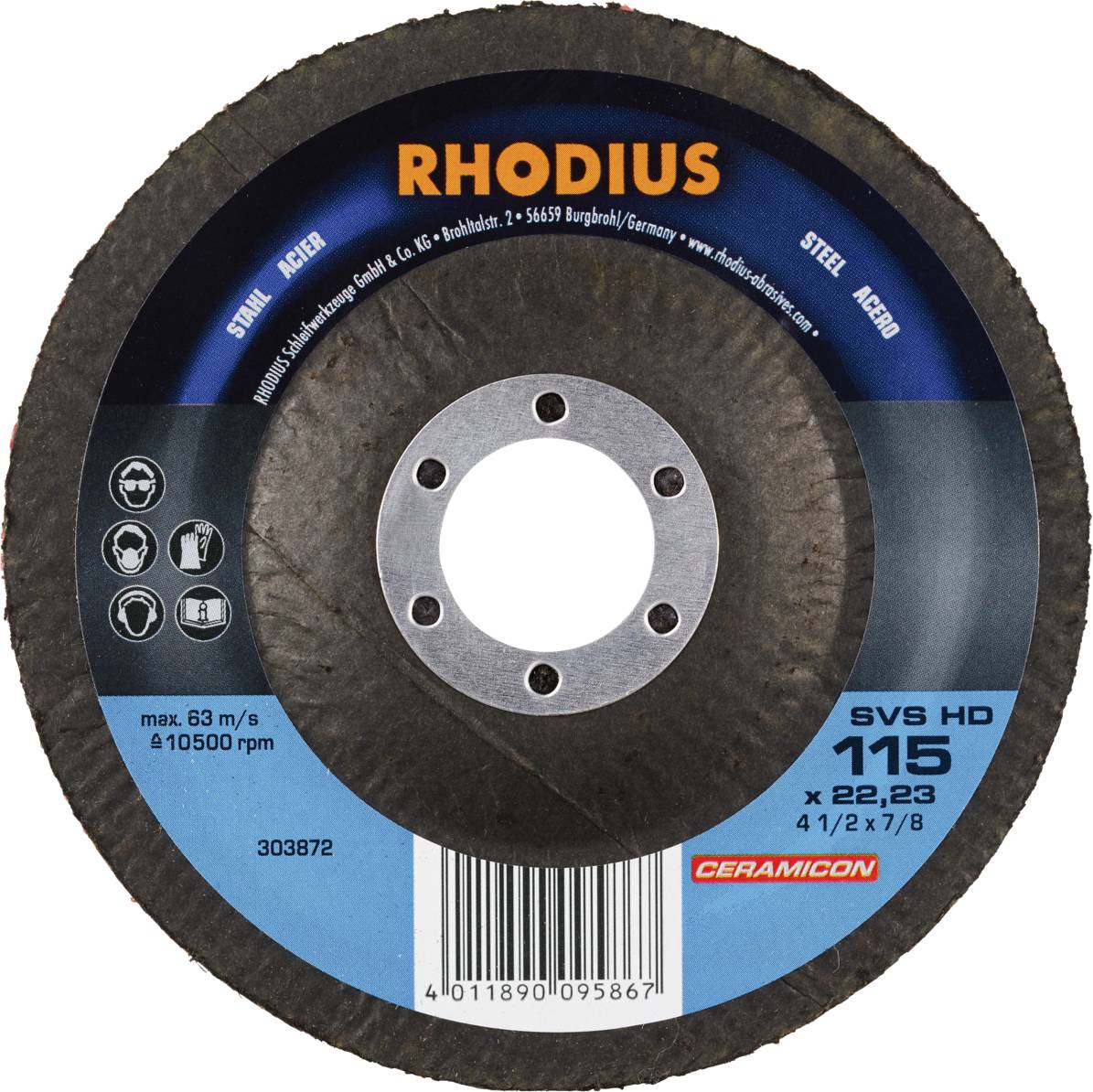 Schleifscheibe der Marke Rhodius, Modell SVS HD 115, für Stahl und Metall, mit einer maximalen Drehzahl von 13.300 U/min.
