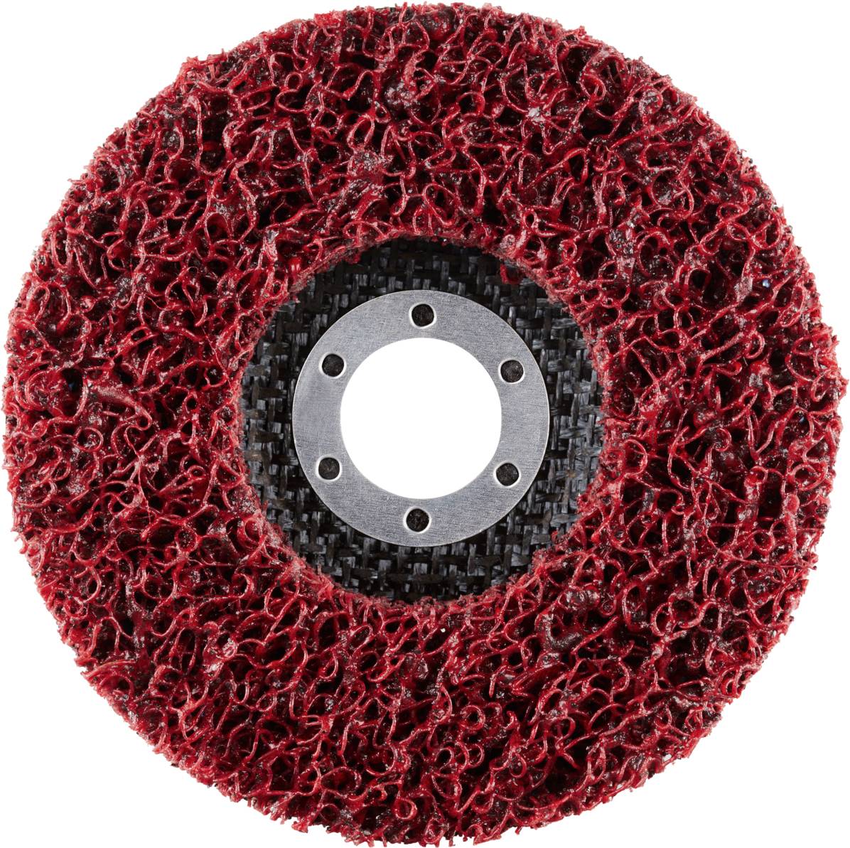 Eine rote Schleifscheibe mit grober Struktur und metallener Mitte, geeignet für Oberflächenbearbeitungen.