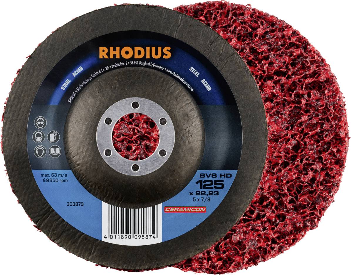 Schleifscheibe mit rotem Schleifgewebe und schwarzem Trägermaterial, Marke 'RHODIUS', Modell 'SVS HD 125', geeignet für Stahl.