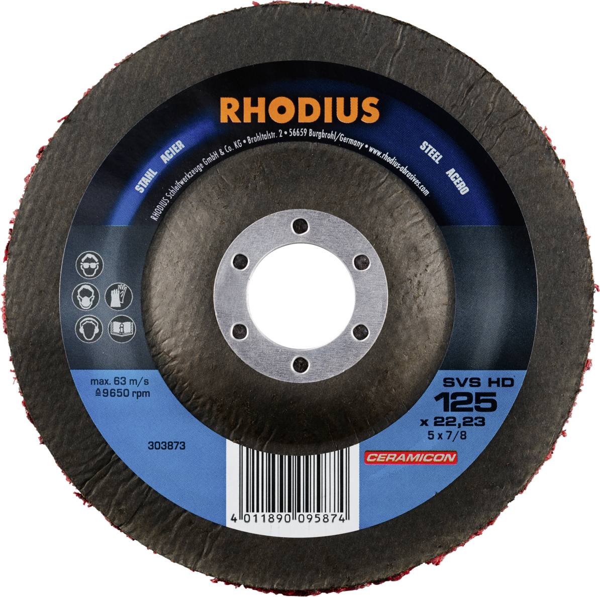 Eine SVS HD Schleifscheibe von Rhodius, geeignet für Stahl, Durchmesser 125 mm, maximale Geschwindigkeit 12.200 U/min.