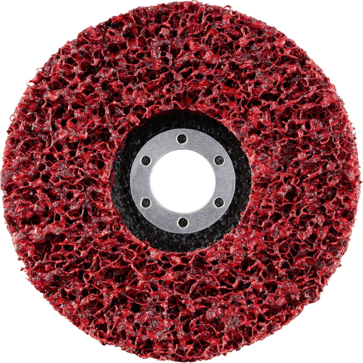 Eine rote Schleifscheibe mit poröser Struktur, in der Mitte ein silbernes Metallloch mit sechs kleinen Löchern um den Rand.
