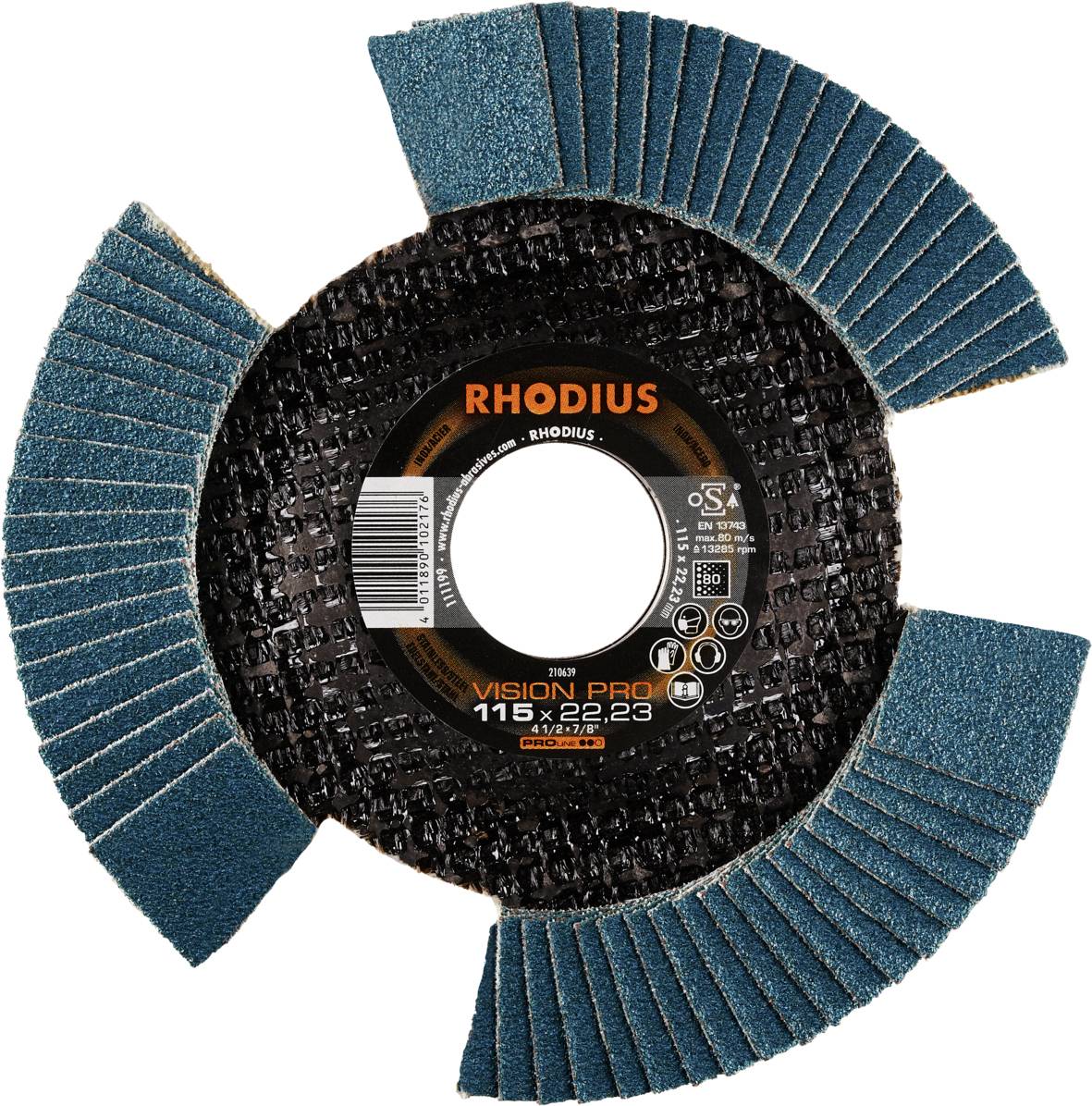 Eine Schleifscheibe von Rhodius, Modell Vision Pro 115 x 22,23 mm, mit blauen Schleifsegmenten und zentralem Etikett.