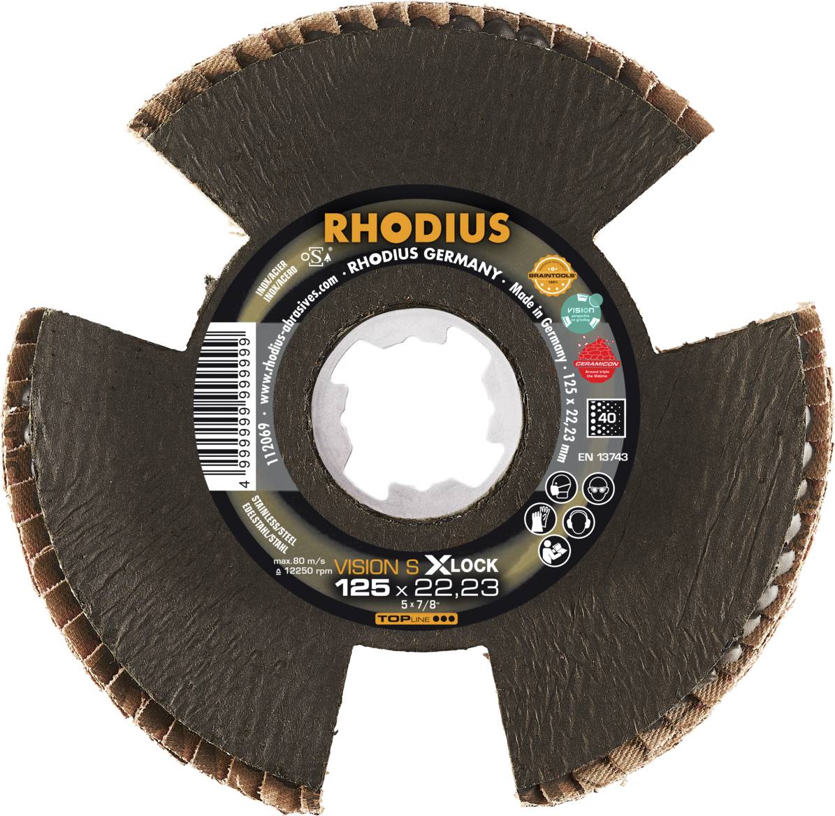 Schleifscheibe von Rhodius, Typ Vision X3, 5 x 7/8, für präzises Schleifen. Schwarzes Mittelteil mit Produktinformationen und Logo.