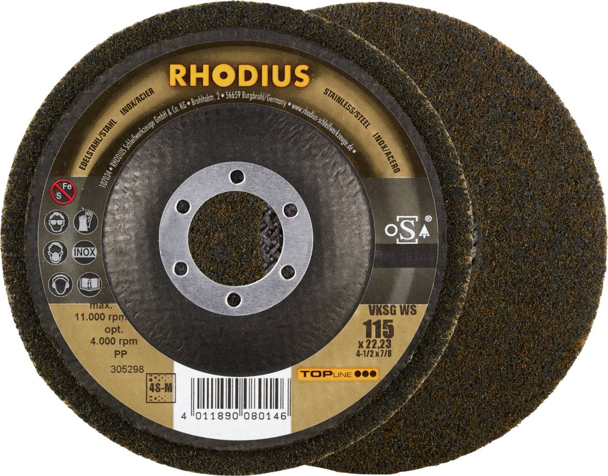 Rhodius 305298 RHODIUS VKSG WS, 2 Stück Vlieskompaktscheibe 115 x 22,23 mm, gerade, 4S-medium, TOPline, Made in Germany,...