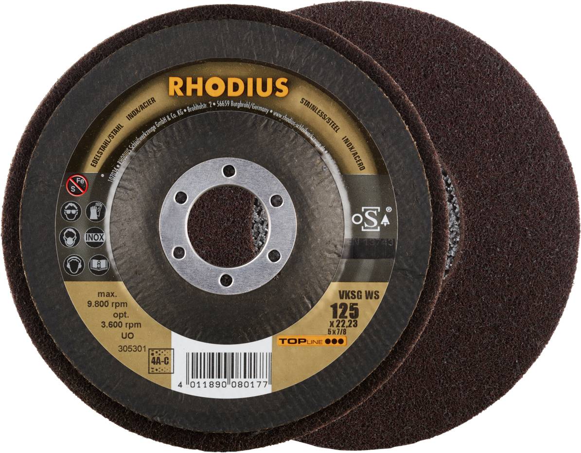Rhodius 305301 RHODIUS VKSG WS, 2 Stück Vlieskompaktscheibe 125 x 22,23 mm, gerade, 4A-coarse, TOPline, Made in Germany,...