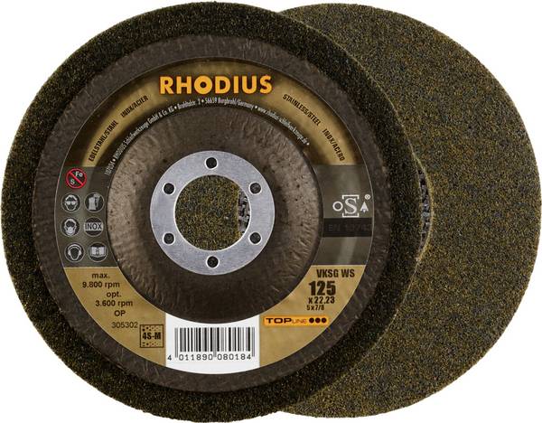 Rhodius 305302 RHODIUS VKSG WS, 2 Stück Vlieskompaktscheibe 125 x 22,23 mm, gerade, 4S-medium, TOPline, Made in Germany, für Edelstahl, Stahl, NE-Metalle 125 mm 125 x 22.23 mm 2 St.