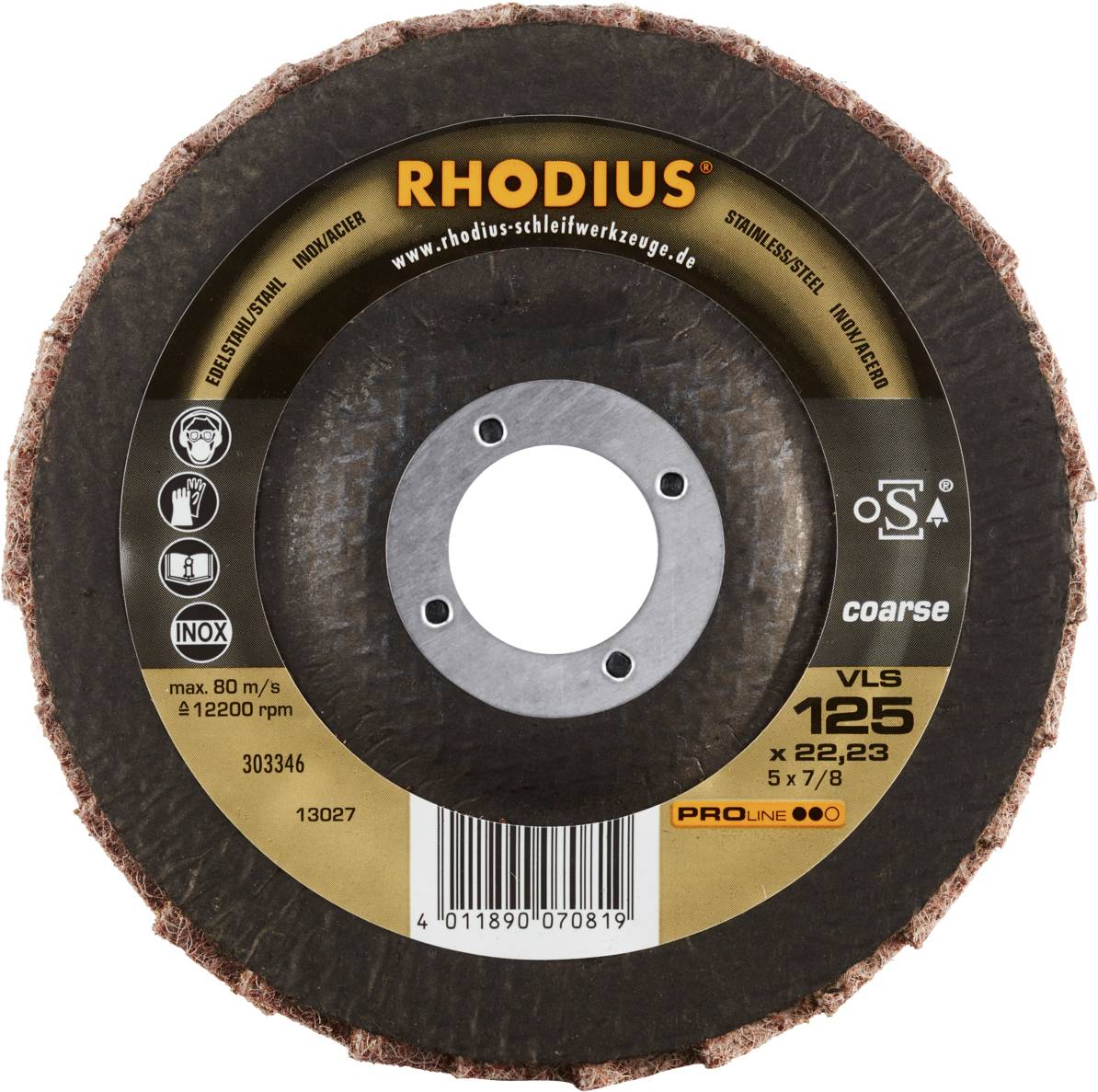 Eine Schleifscheibe von Rhodius, Typ VLS 125, mit einer maximalen Drehzahl von 12.200 U/min, für Edelstahl geeignet.